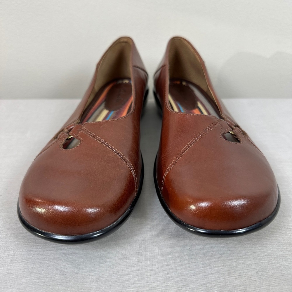Clarks Brown Leather Slip-On Flats with Striped Bow Accent - Picture 3 of 7